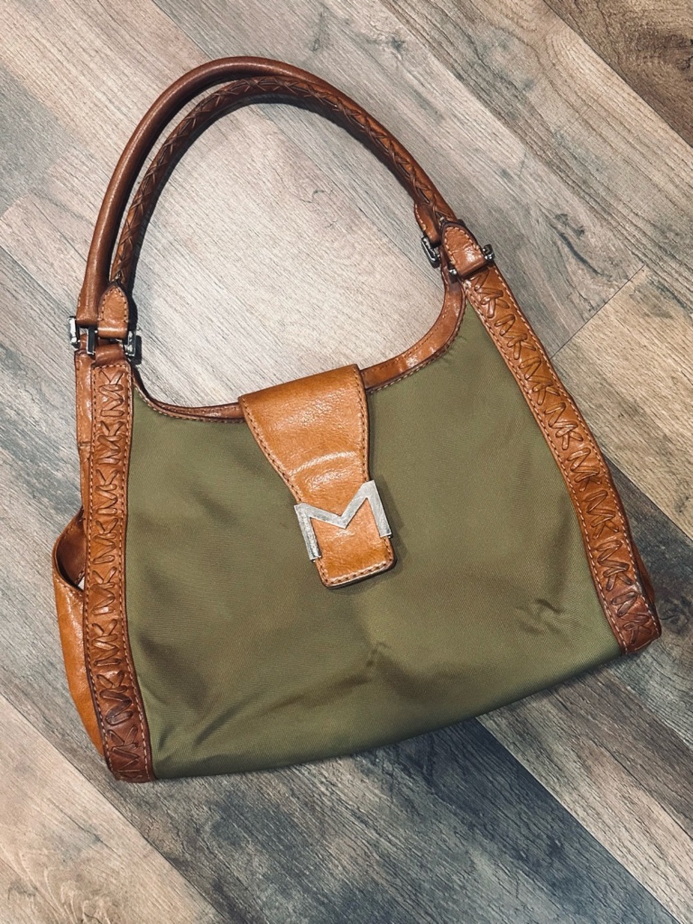 Michael Kors Olive Green Shoulder Bag with Brown Leather Trim